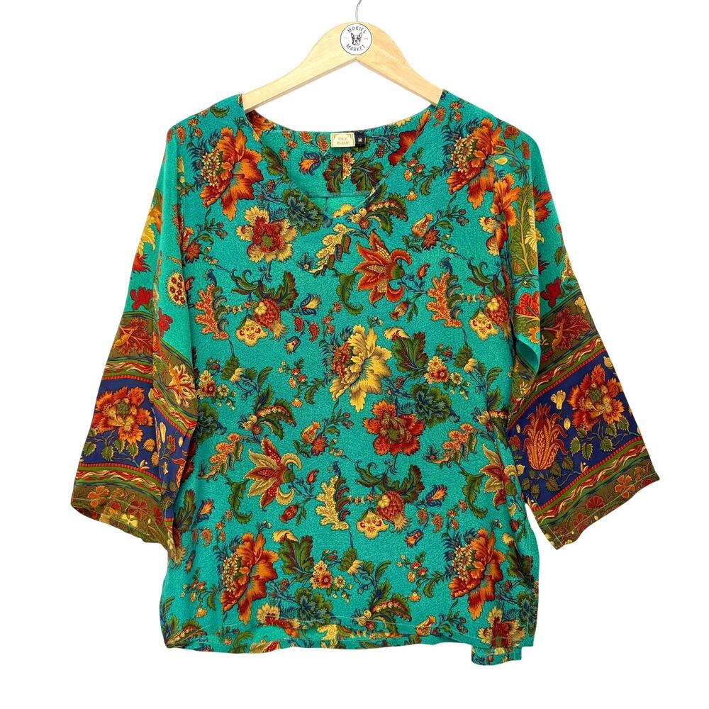L'ile Bleue 100% Silk Floral Jaquard Blouse Womens M Jade Green French Parisian